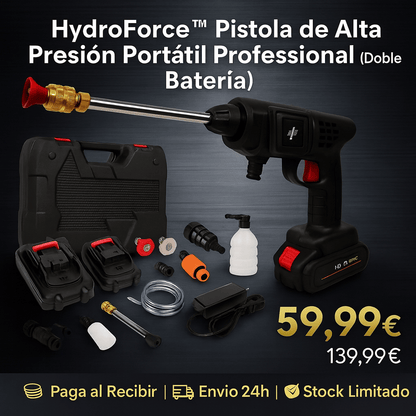 HydroForce™ – Pistola de Alta Presión Portátil Profesional + 2 Baterías + Kit de Accesorios GRATIS